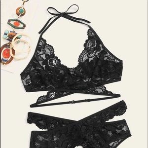 NEW Black Floral Lace Cut Out Lingerie Set SEXY